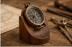 A brass compass resting in a small angled teak stand.
