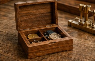 An open teak valet box with watches and small pocket items.