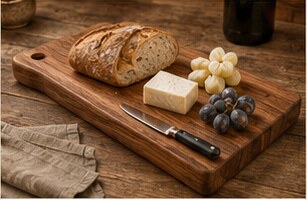 A teak serving board with bread, cheese, grapes, and a knife.