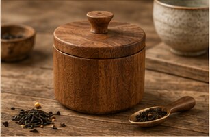 A small round teak tea caddy beside loose tea and a scoop.