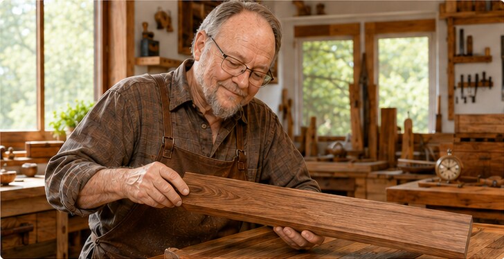 An old man studying a long teak board in his workshop.