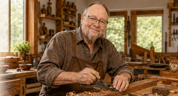Erastus, an older craftsman with glasses and a gray beard, smiling while planing teak in a bright woodworking workshop.